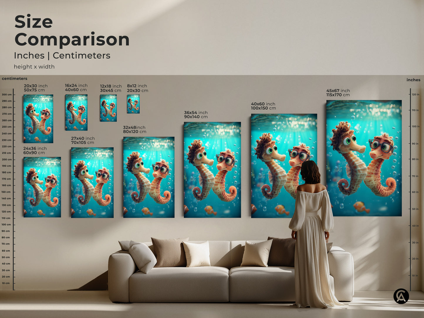 Size comparison of seahorse and clownfish prints in inches and centimeters. The kids room ocean wall art fits perfectly above a sofa. Select the right size for your space. This aqua and orange underwater print is perfect for kids rooms. A unique gift.