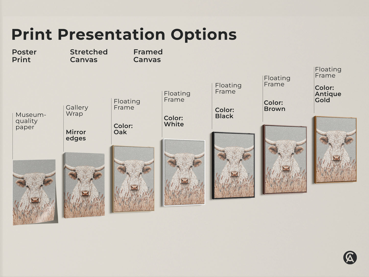 Print presentation options for white longhorn bull artwork. Choose from poster print stretched canvas or framed canvas. Available with various floating frame colors. Find the perfect style for your space.