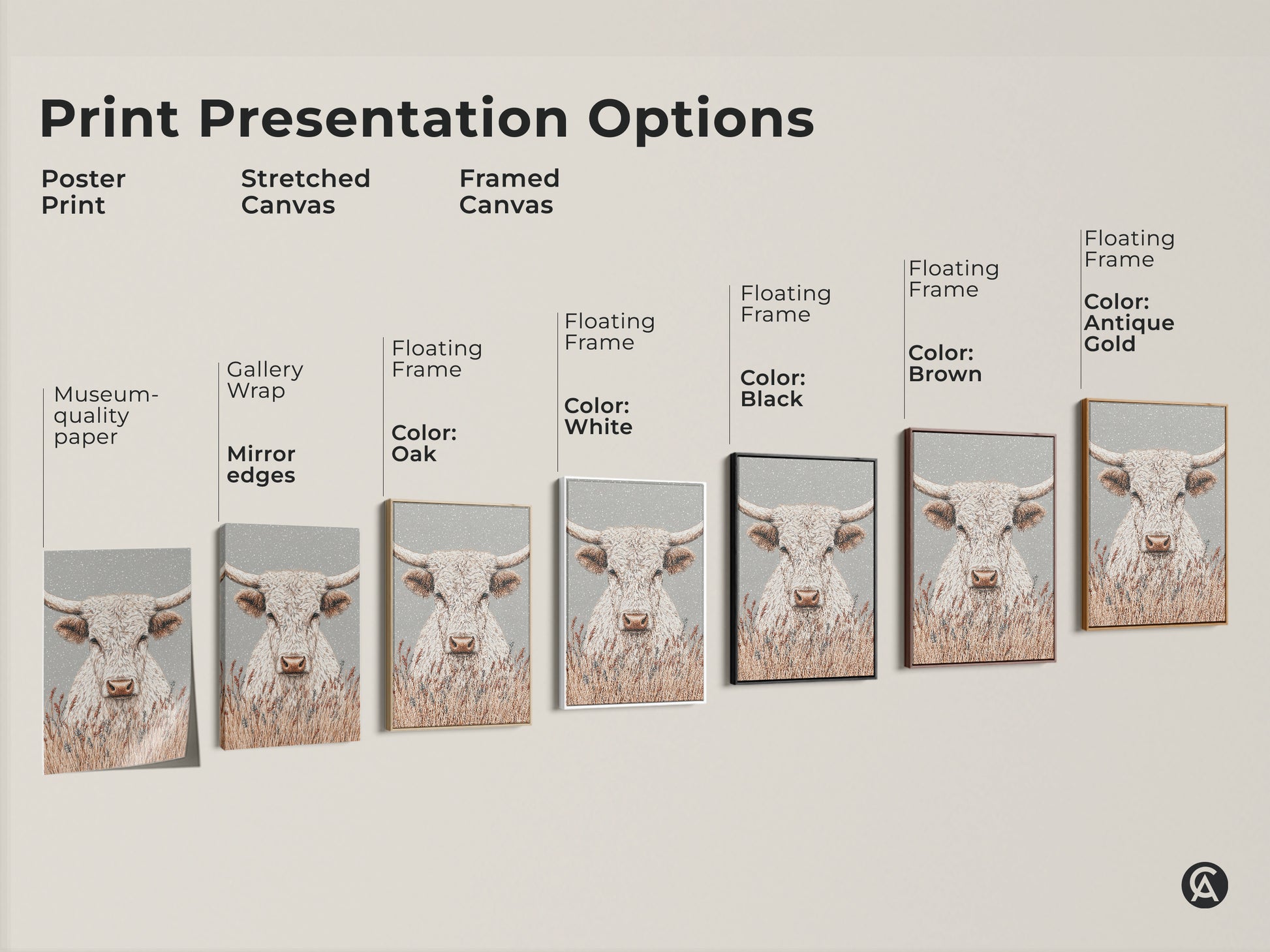 Print presentation options for white longhorn bull artwork. Choose from poster print stretched canvas or framed canvas. Available with various floating frame colors. Find the perfect style for your space.