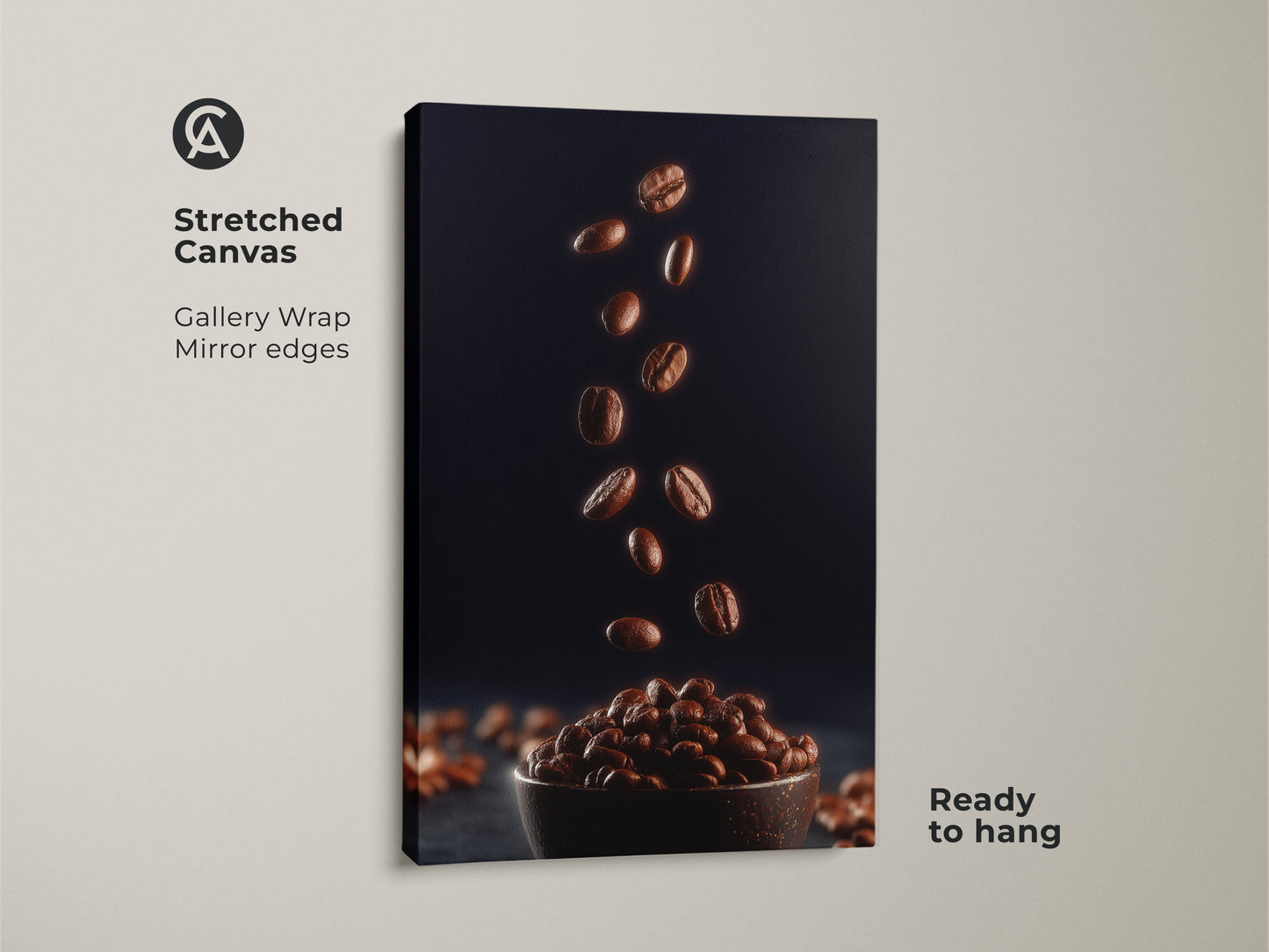 Gallery wrapped stretched canvas featuring falling coffee beans. This rich brown coffee print is set against a deep navy background creating a modern artwork. Ready to hang this contemporary coffee decor is perfect for any coffee shop wall or home.