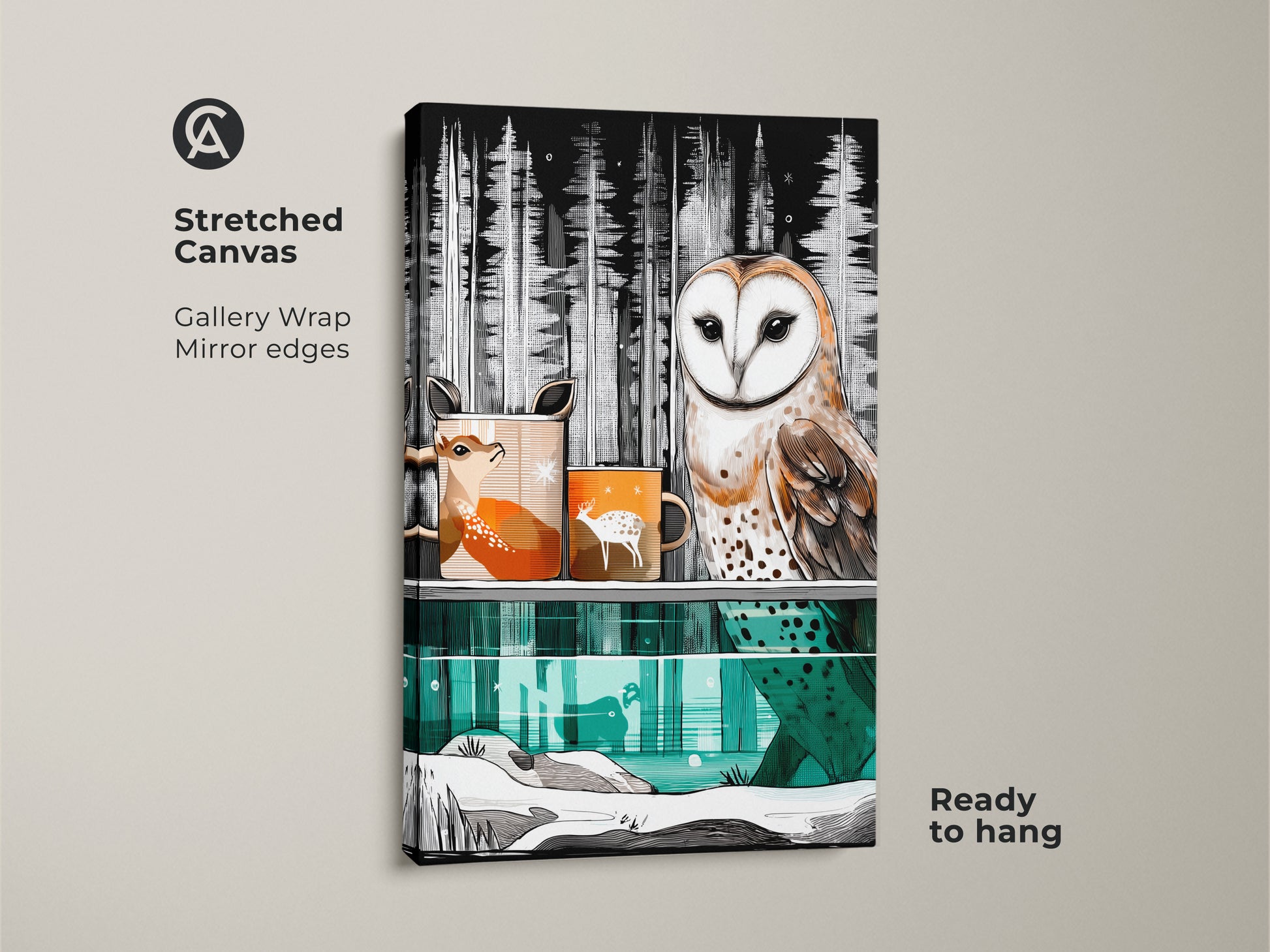 Stretched canvas art featuring a gallery-wrapped barn owl and deer. The mirror edges enhance the Scandinavian nature decor. It's ready to hang adding cozy woodland animal artwork.