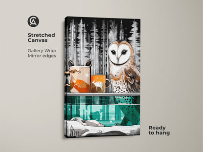 Stretched canvas art featuring a gallery-wrapped barn owl and deer. The mirror edges enhance the Scandinavian nature decor. It's ready to hang adding cozy woodland animal artwork.