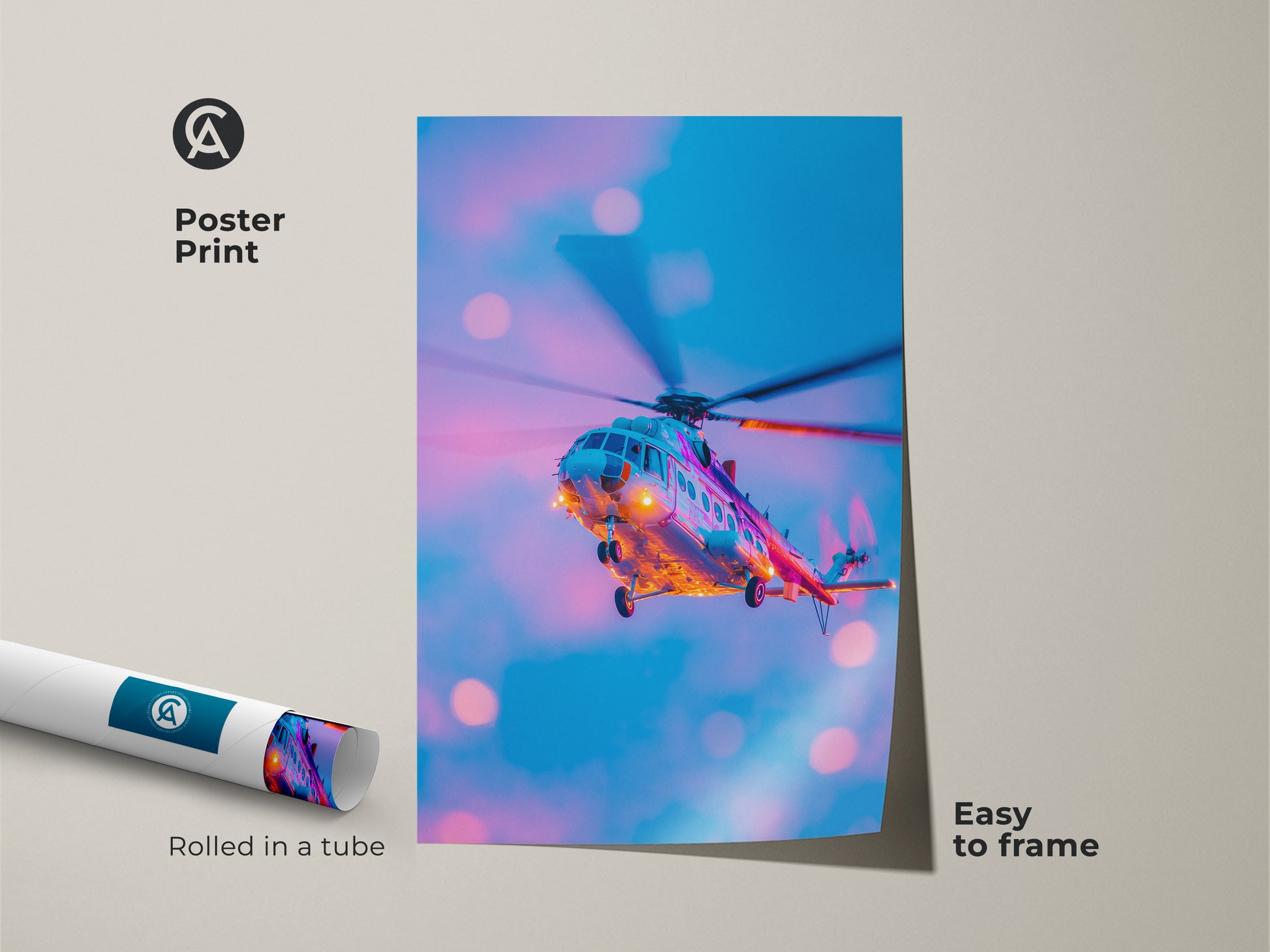 Poster print of a helicopter in the sky. Rolled in a protective tube this easy-to-frame print showcases vibrant colors. This aviation art is ideal for adding a unique touch to your wall decor. Perfect for aviation enthusiasts seeking stylish art.