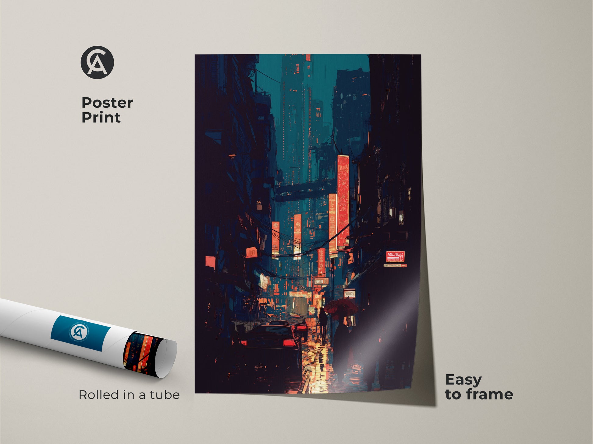 A poster print of a cyberpunk street art print. Rolled in a tube and easy to frame. The futuristic neon city print features glowing neon signs. The teal and orange skyscraper art adds a modern urban touch. Perfect for anime fans and contemporary art lovers.