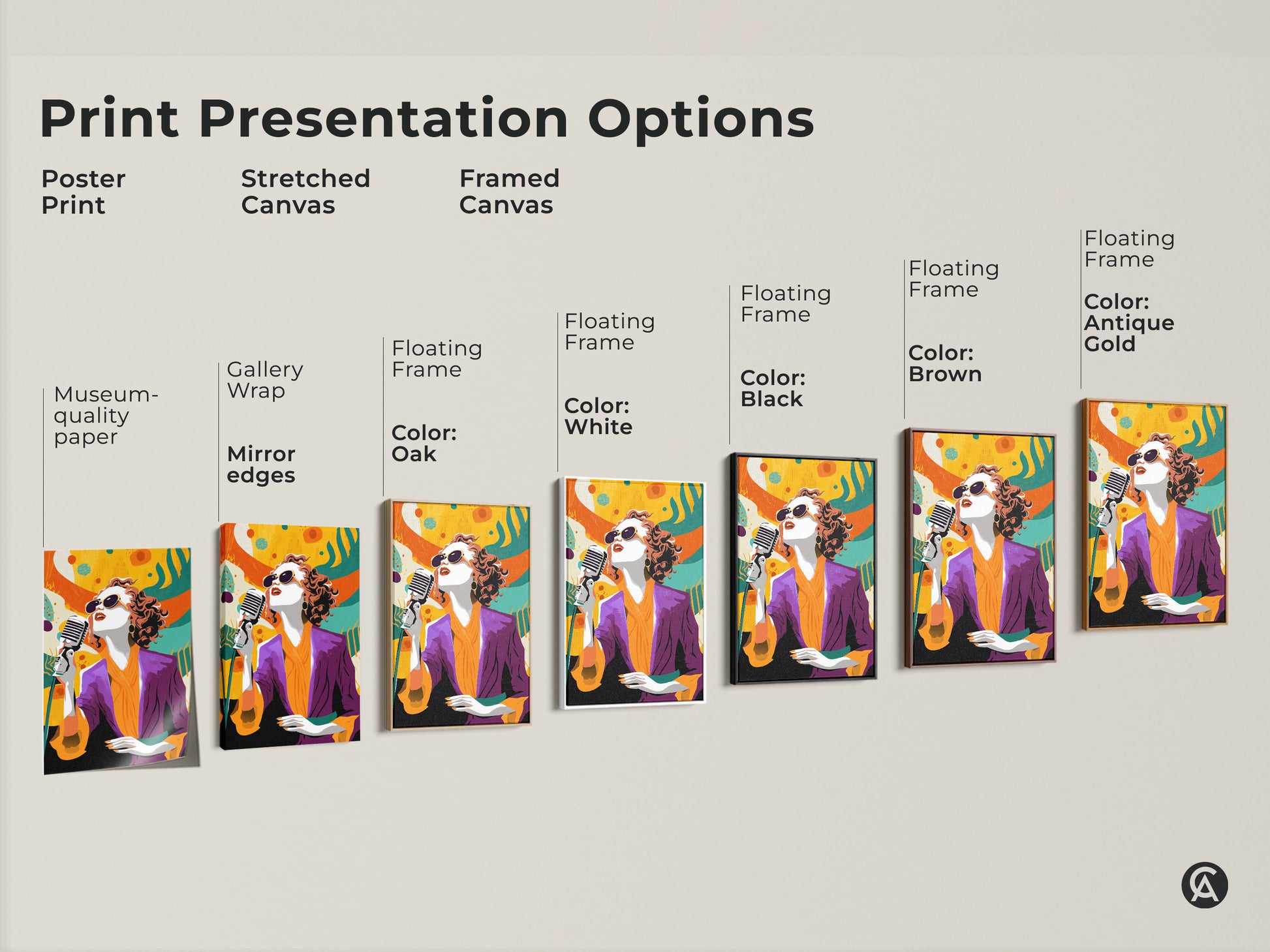 Print presentation options for retro pop art singer canvas. Choose from poster print stretched canvas or framed canvas. Museum-quality paper and floating frame options are available. Eclectic orange yellow and teal artwork for home or office decor. Unique gift for music lovers.