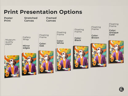 Print presentation options for retro pop art singer canvas. Choose from poster print stretched canvas or framed canvas. Museum-quality paper and floating frame options are available. Eclectic orange yellow and teal artwork for home or office decor. Unique gift for music lovers.