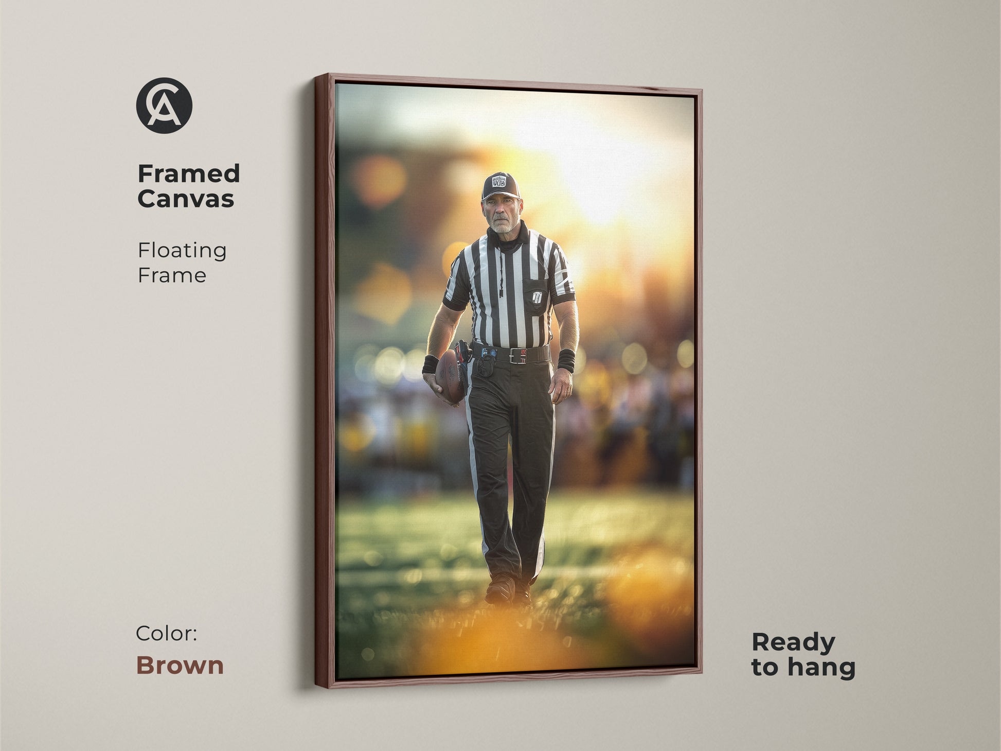 Framed canvas featuring a football referee. A floating frame in brown adds elegance. This ready to hang artwork enhances any sports themed space. It's ideal sports action photography.