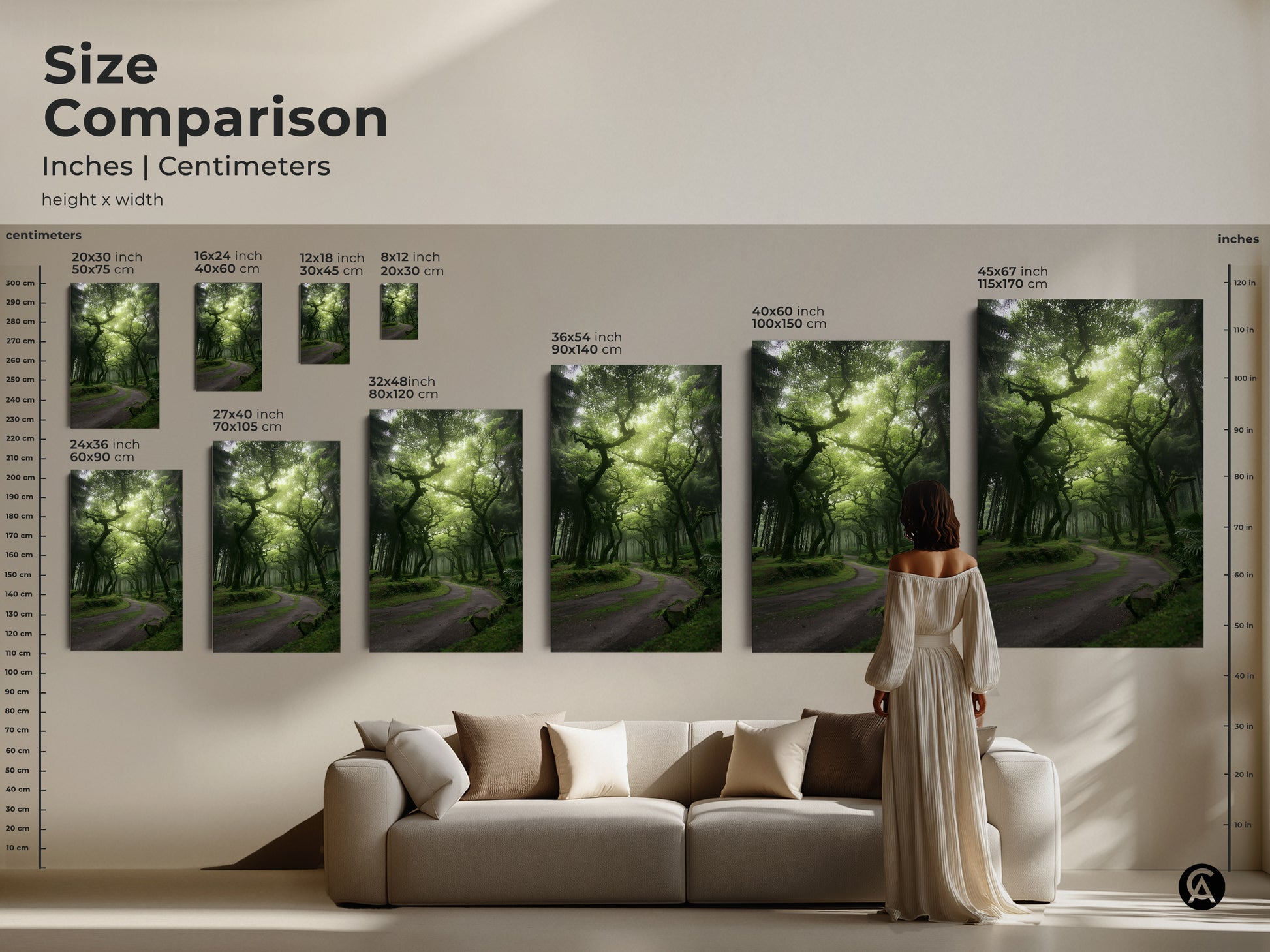 Size comparison of misty forest artwork in inches and centimeters. See how the canvas and poster prints look in various sizes above a sofa. Visualize the emerald green trees and winding path in your space. Find the perfect fit for your nature landscape artwork