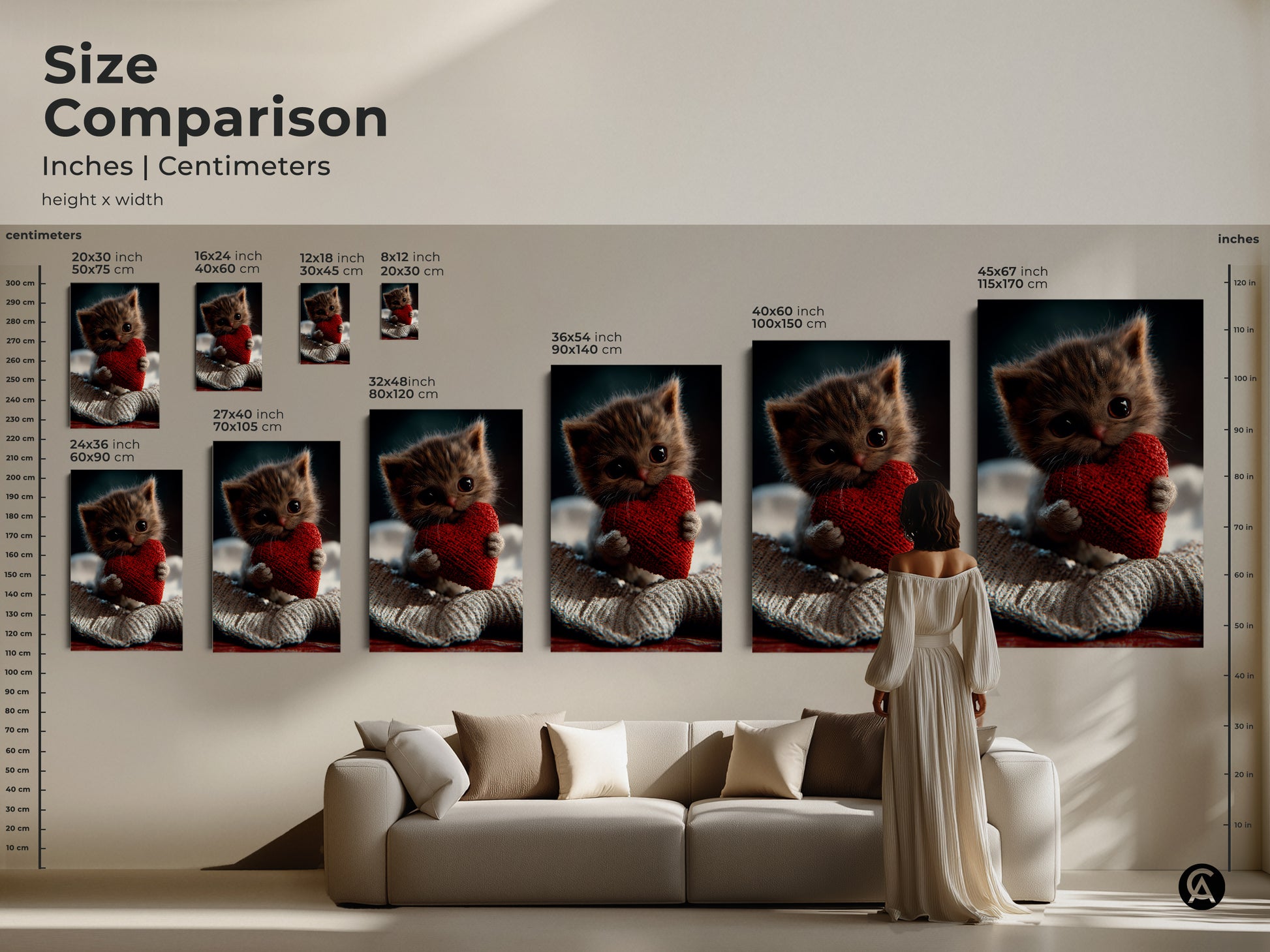 Size comparison of kitten art prints in a living room setting. Inches and centimeters are shown. This delightful canvas print features an irresistibly cute kitten. A charming subject and sweet aesthetic make it a versatile addition to your home decor.