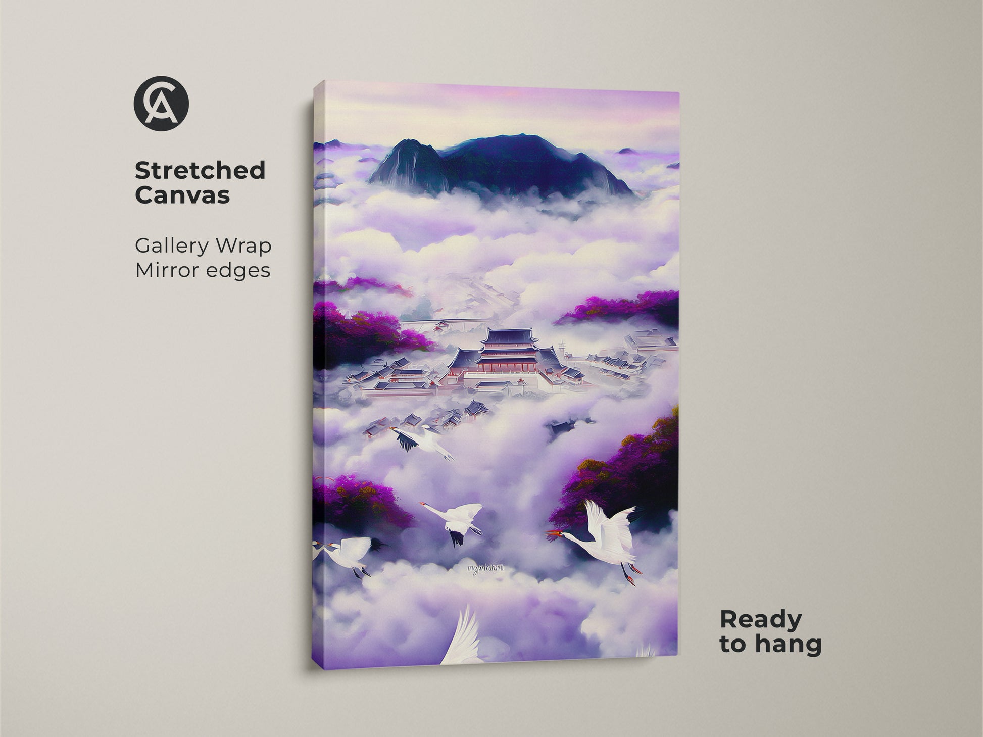 Stretched canvas Ukiyo-e Japanese Palace art print. Gallery wrapped with mirrored edges this flying cranes artwork creates a Zen mood. The violet indigo fantasy landscape offers eclectic purple bedroom wall art. It is ready to hang and enjoy.