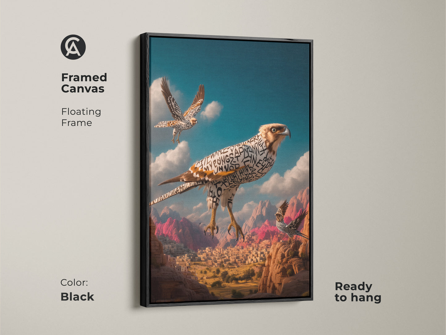 Framed canvas displays surreal falcon artwork. This bird of prey canvas is ready to hang. The eclectic home decor features Arabic calligraphy in a desert setting. Black floating frame accentuates the sky blue terracotta and teal artwork. Perfect for living room wall decor.