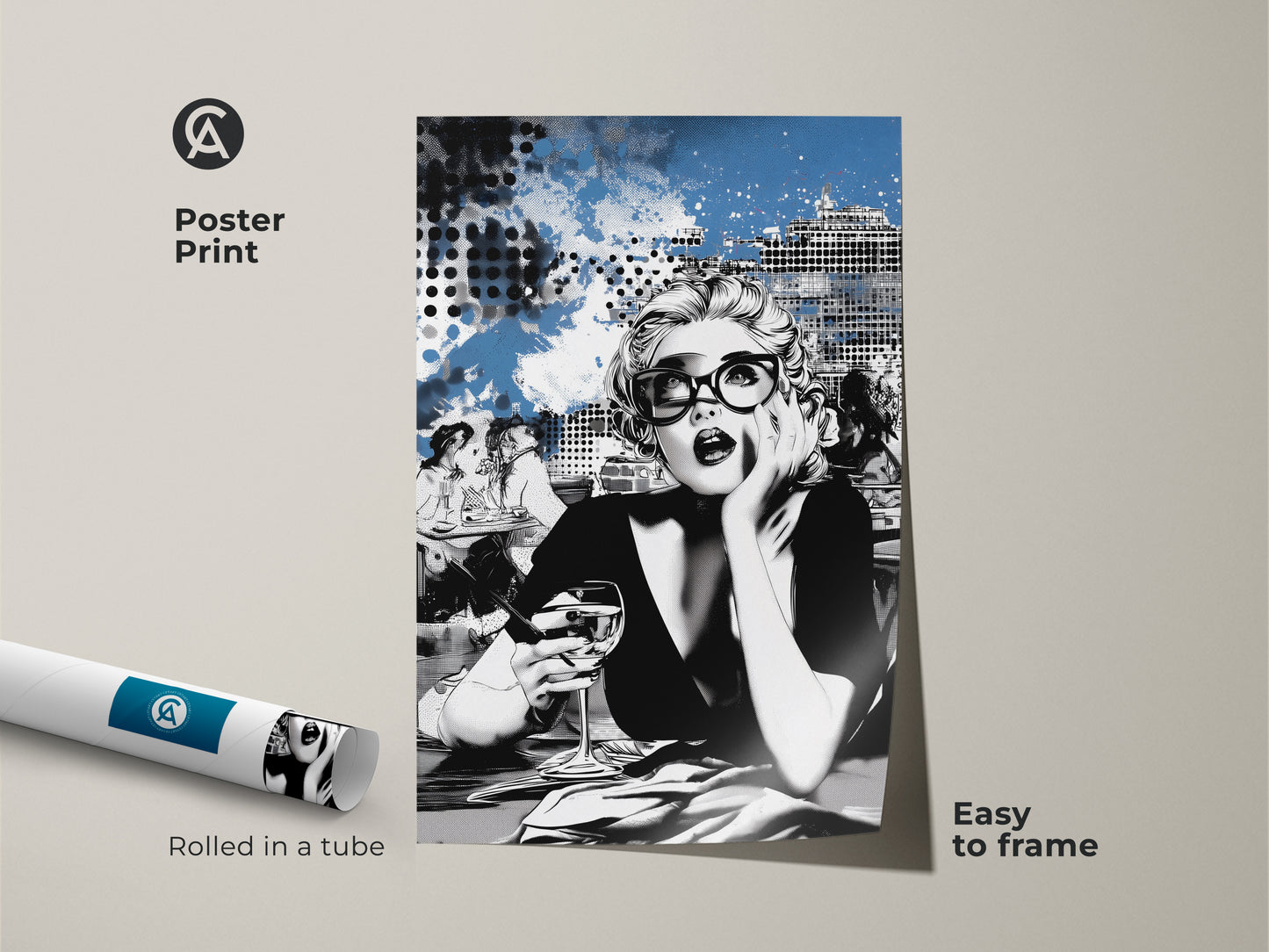 A rolled pop art poster print is easy to frame. This modern artwork features a woman with glasses against a blue cityscape. This contemporary art print is a stylish gift for her birthday. A perfect piece for a fashion lover's bedroom. The abstract city art adds a chic touch to any space.