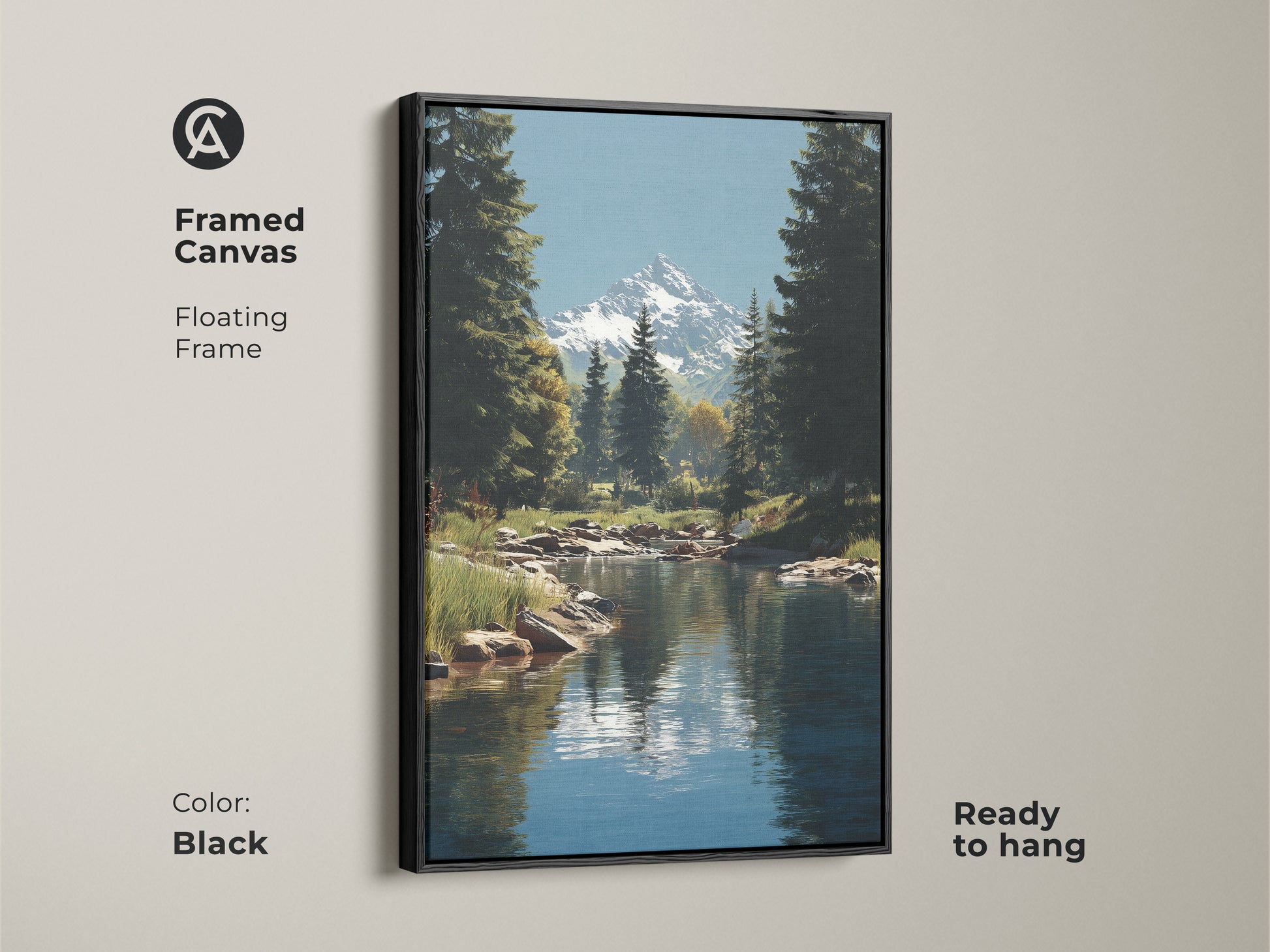 Framed canvas print in black featuring a mountain river landscape with snowy peaks and forest pine trees. Ready to hang this rustic nature artwork will add a touch of natural grandeur to any living space. Ideal for creating a serene lodge inspired art print.