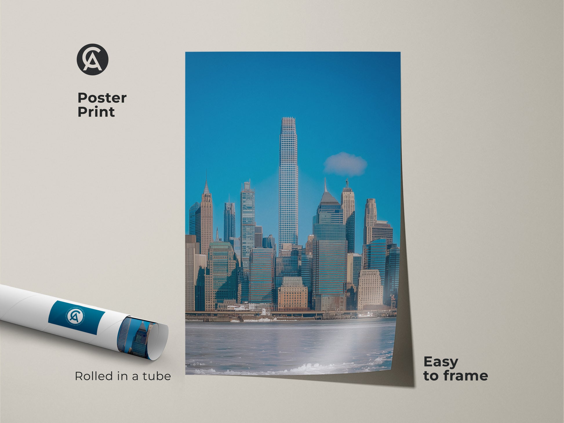Modern New York City skyline poster print rolled in a tube. Easy to frame contemporary office decor featuring architectural skyline art. The urban city art print is ideal for modern blue gray wall art. A great gift for NYC lovers.