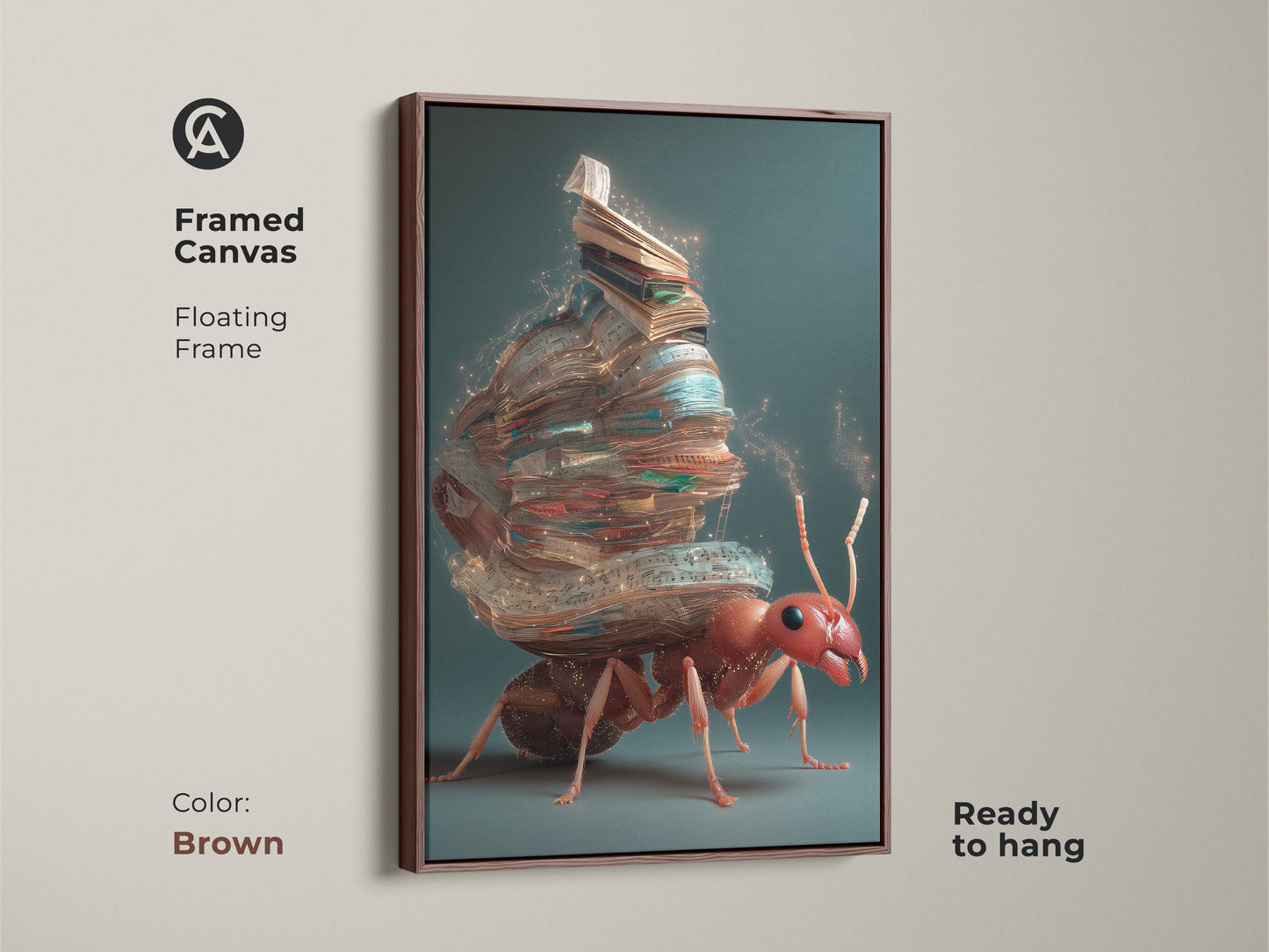 The brown framed canvas showcases the fantasy ant artwork. The surreal insect art features an ant carrying a stack of books. This eclectic office decor is a red ant painting. It adds unique style to your home with a touch of fantasy.