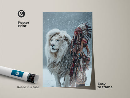 Admire the Majestic Harmony poster print. This museum-quality paper captures a Native American figure beside a white lion. The art is easy to frame. It arrives rolled in a tube. Add this eye-catching print to your collection.