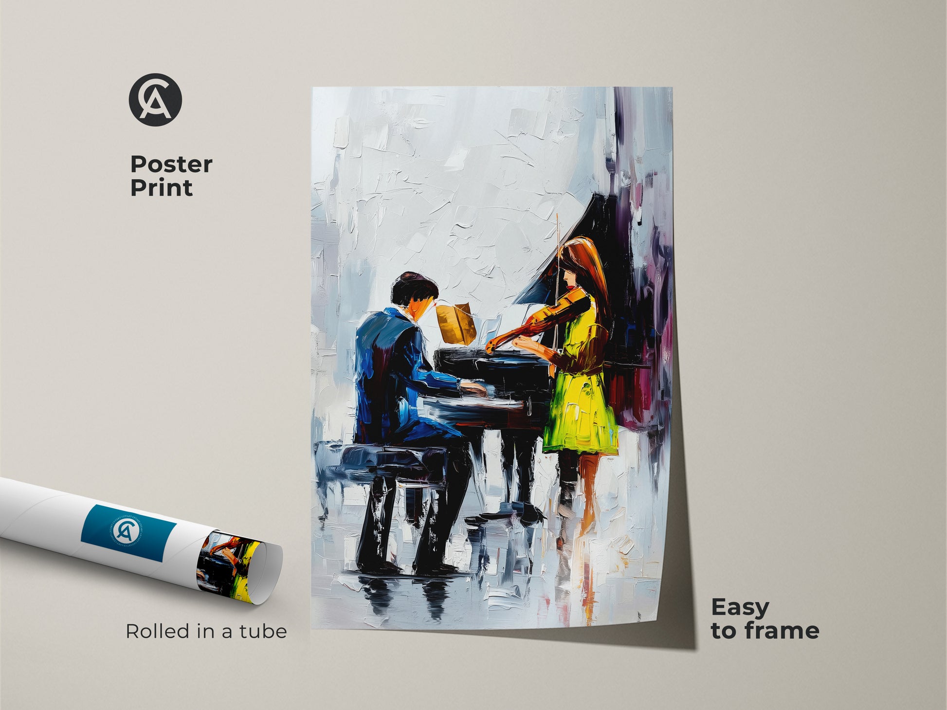 Poster Print showcases impressionist piano art of a violinist. The blue green music art includes contemporary figures. It is easy to frame. Get it for music lovers who are looking for modern musical artwork to display. This abstract musical painting is performance art.