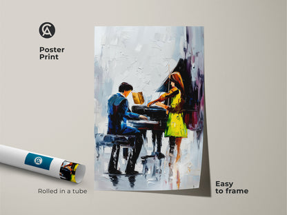 Poster Print showcases impressionist piano art of a violinist. The blue green music art includes contemporary figures. It is easy to frame. Get it for music lovers who are looking for modern musical artwork to display. This abstract musical painting is performance art.
