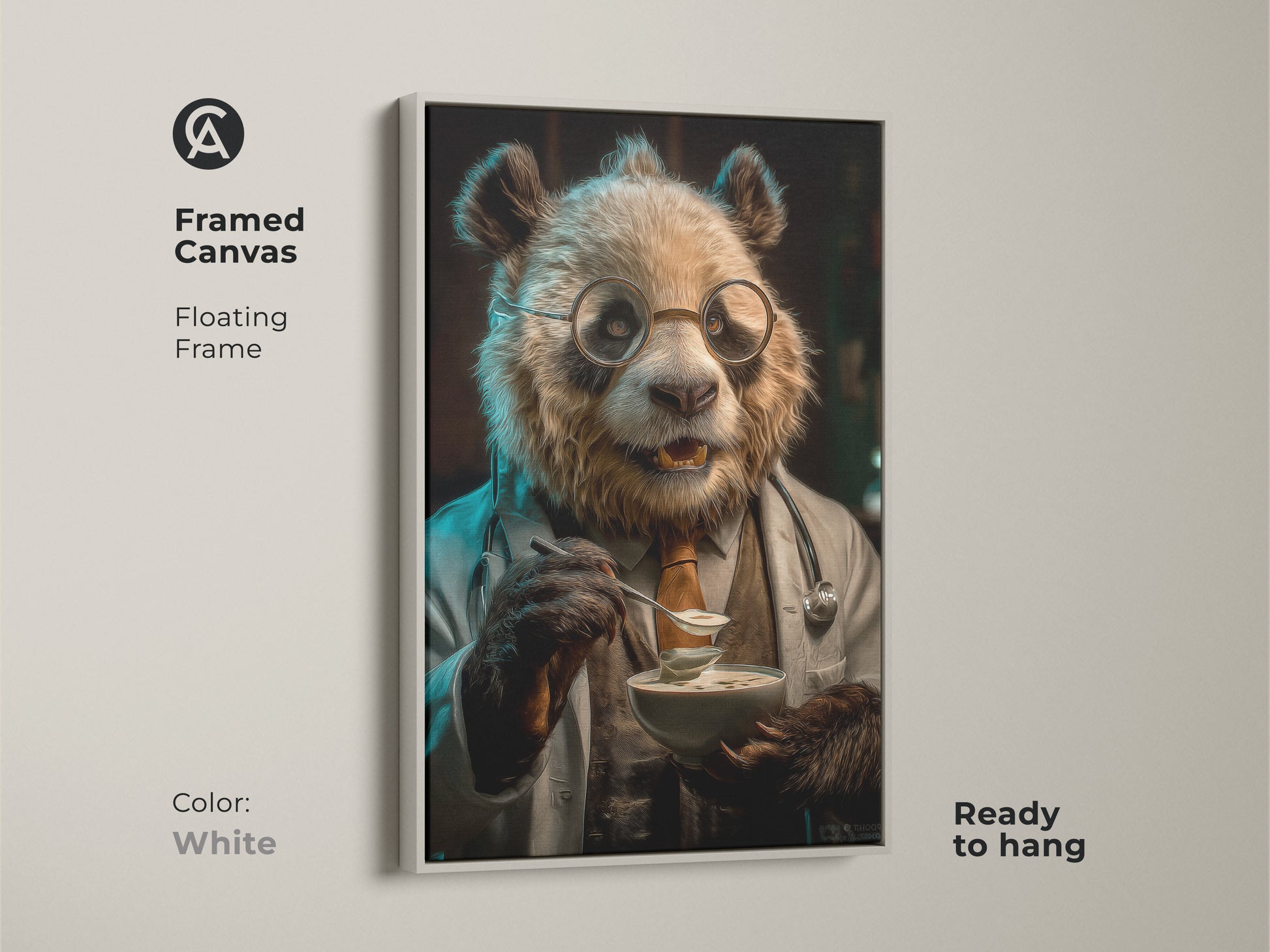 Framed white canvas of panda doctor art. This animal character art makes perfect professional office artwork. Ready to hang this whimsical office decor features a panda in a doctor's coat enjoying soup. Veterinarian gift wall art.