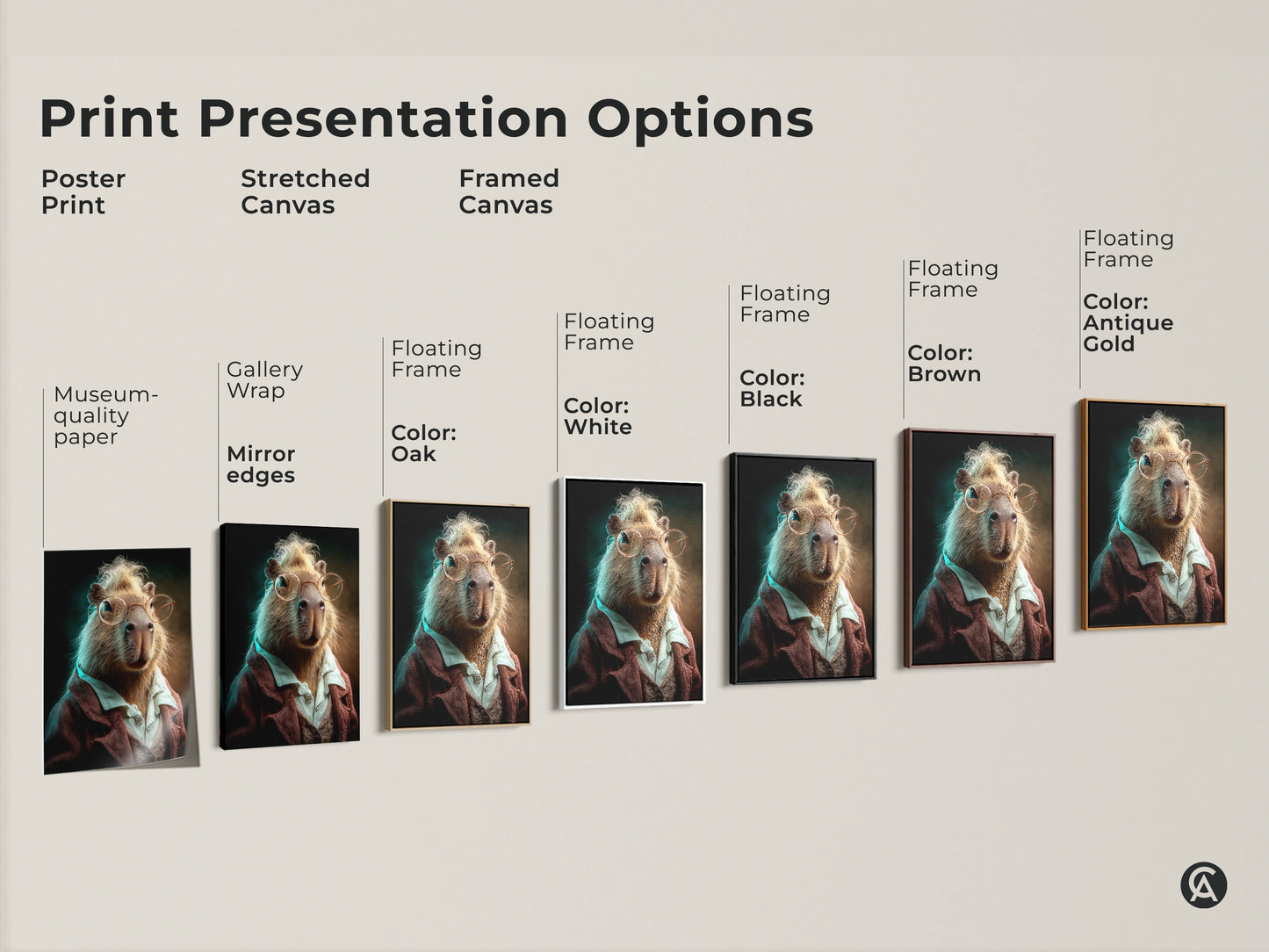 A sizing guide for the Capybara art. Vertical orientation art height by width. Various sizes are displayed from small medium and large. This artwork is a funny and eclectic gift for animal lovers