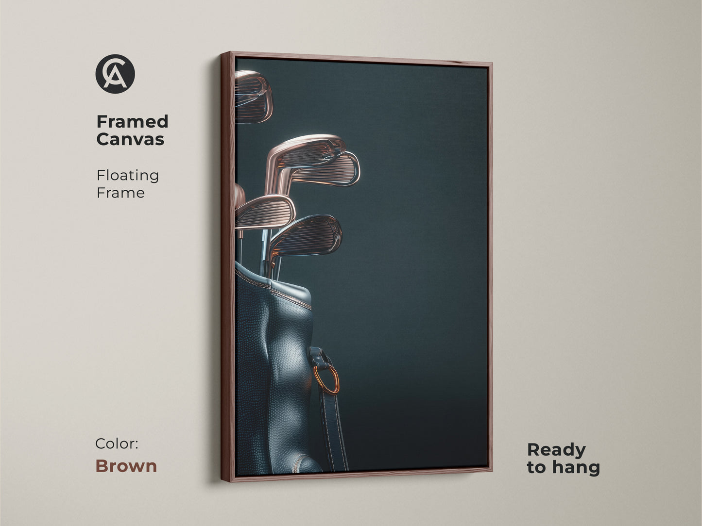 Enhance your decor with framed canvas art. This floating frame highlights a stylish golf bag and clubs. The brown frame adds a warm touch. Ready to hang this piece will impress any golf aficionado.