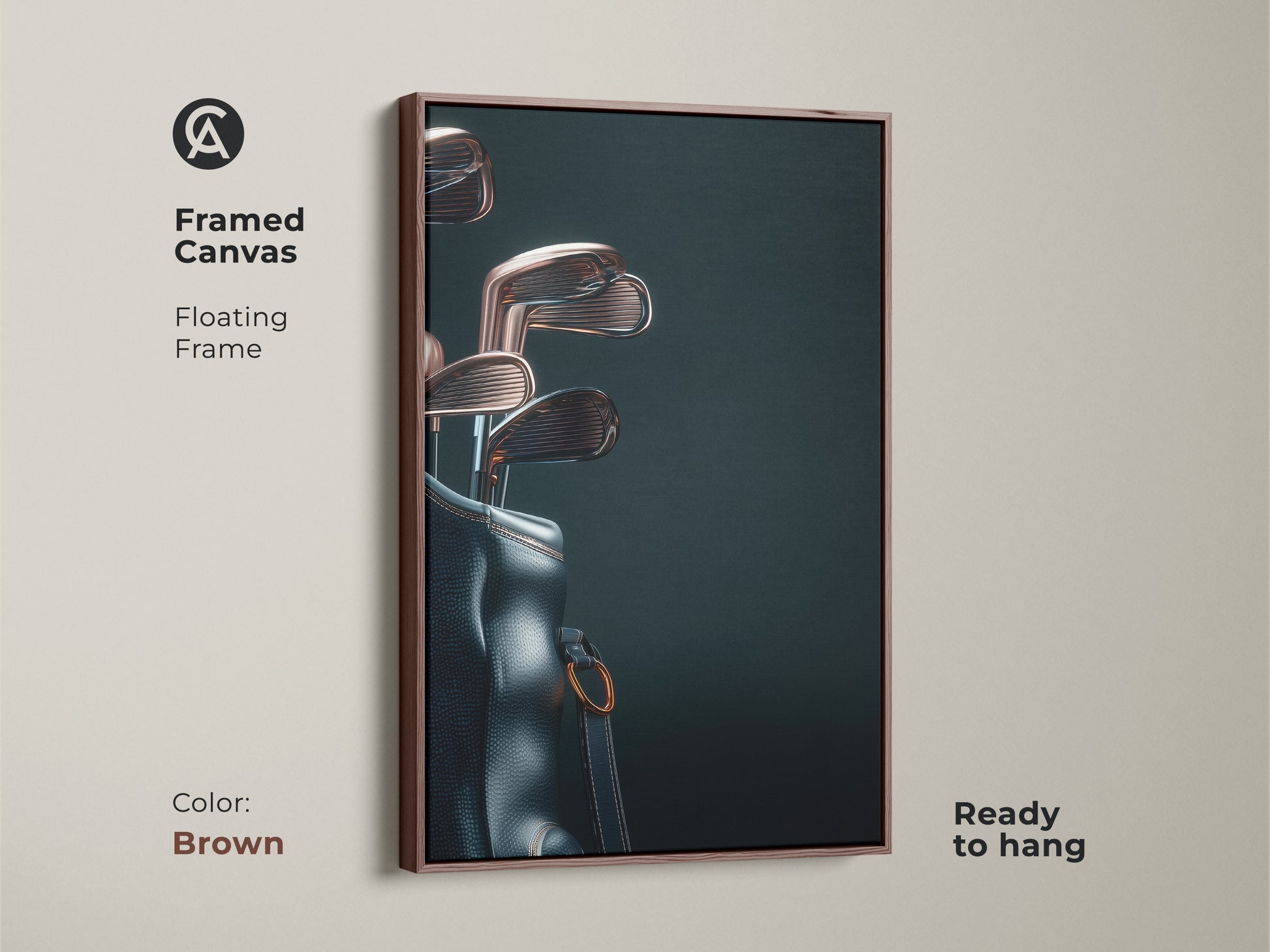 Enhance your decor with framed canvas art. This floating frame highlights a stylish golf bag and clubs. The brown frame adds a warm touch. Ready to hang this piece will impress any golf aficionado.