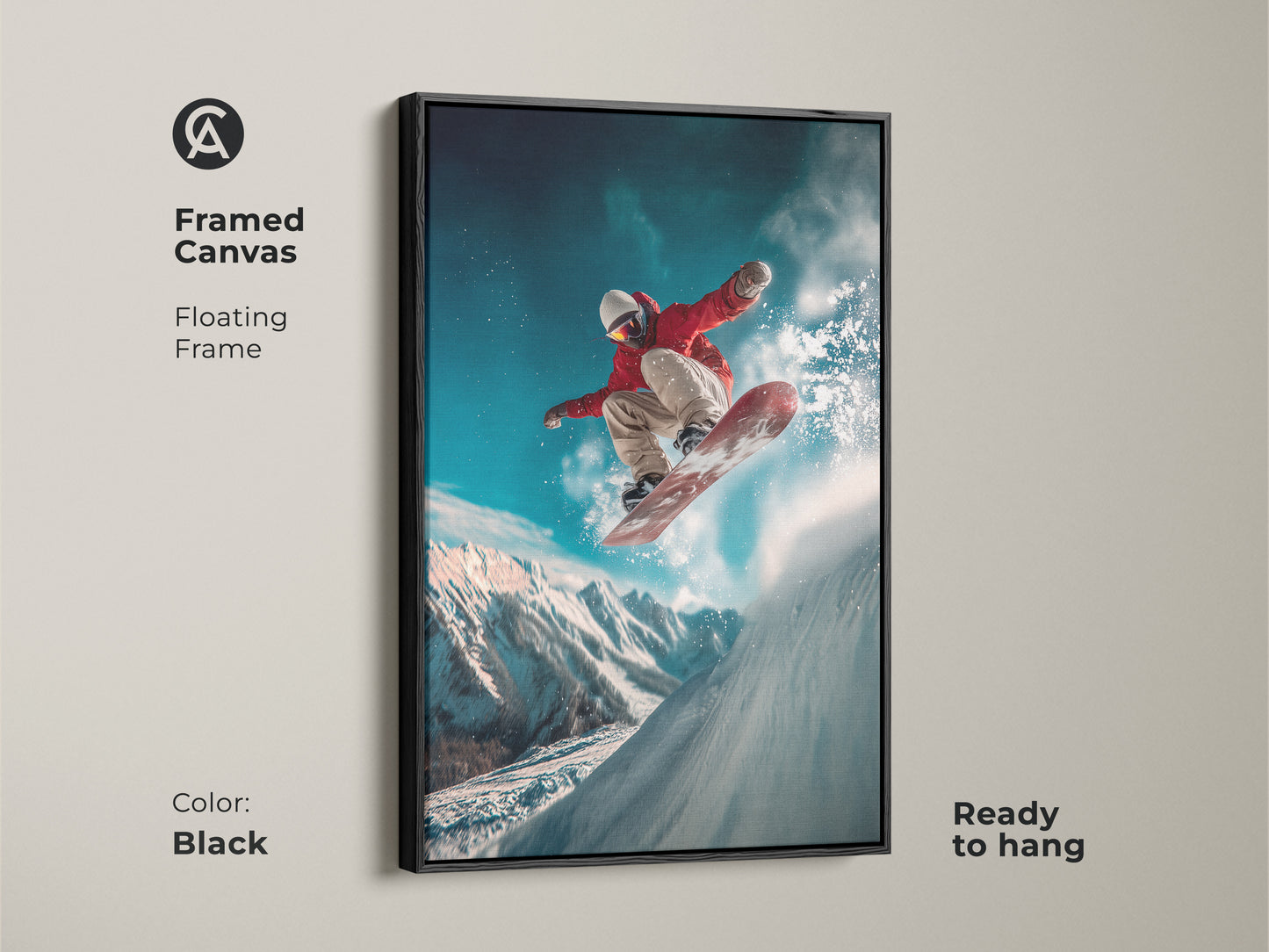 A framed canvas art displays a snowboarder jumping high. The floating frame enhances the artwork. This black framed art is ready to hang transforming any room. The snowboarder image is a bold statement piece.