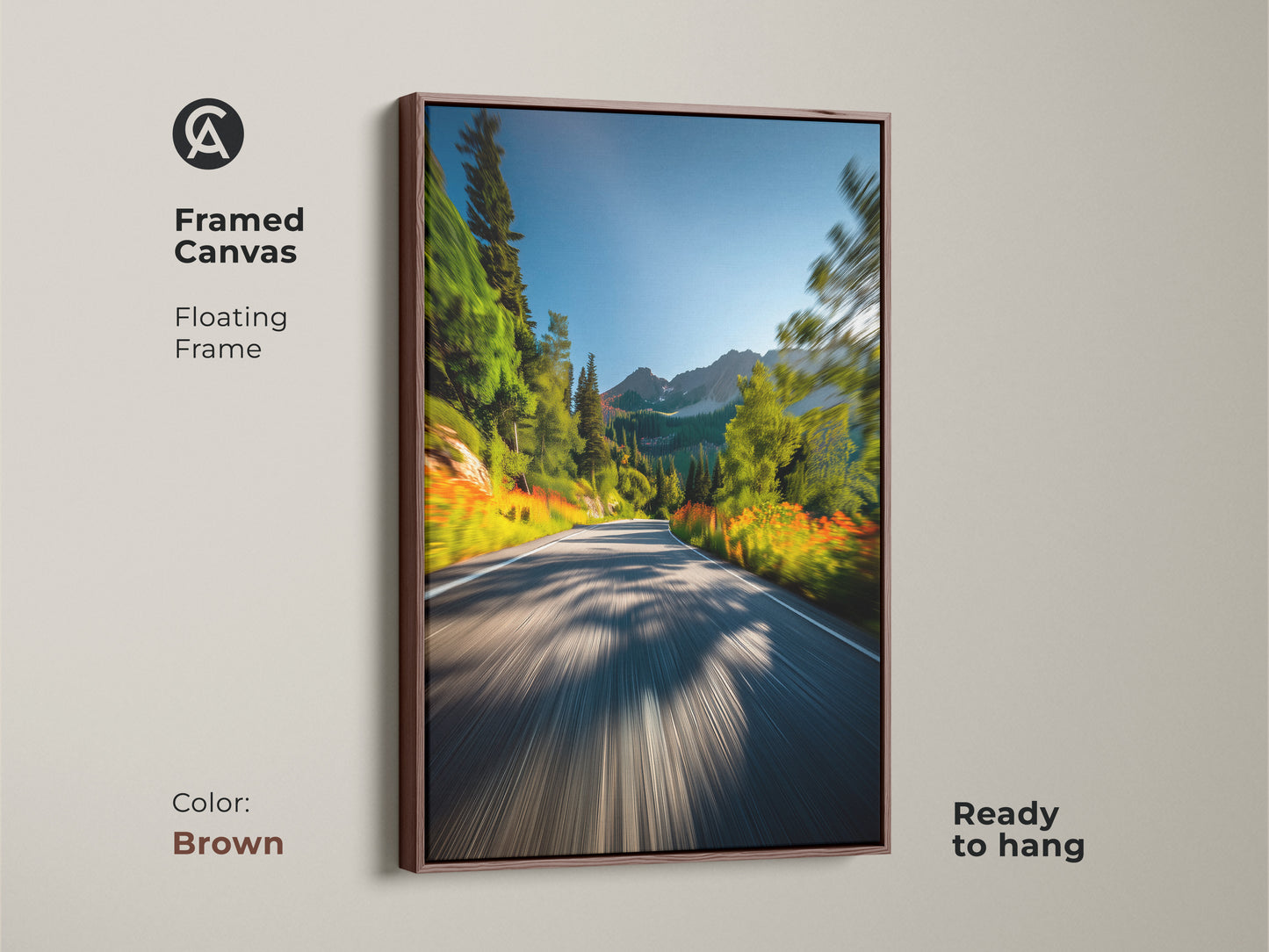 Brown framed canvas art showcasing a mountain road. The floating frame adds sophistication. This ready-to-hang artwork brings the beauty of nature into your home. Perfect for nature lovers seeking mountain art.