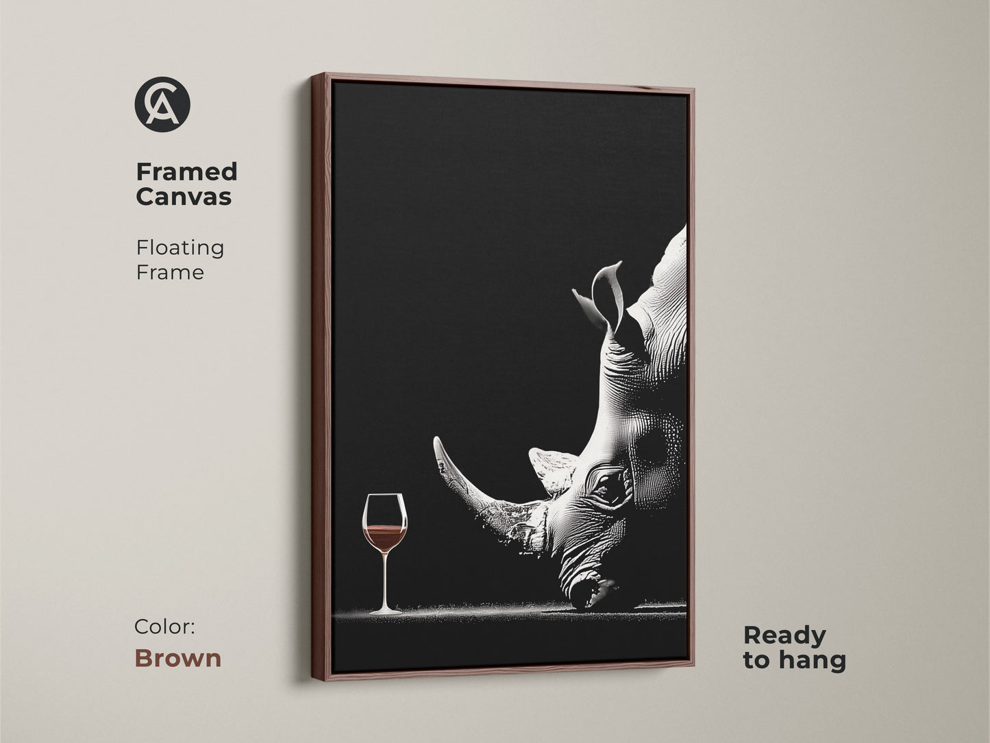 A framed canvas art print displays a surreal rhino with a wine glass. Encased in a brown frame this monochrome wildlife art will enhance your walls. Ready to hang this unique animal artwork is a great addition. This contemporary artwork makes an excellent office or study room gift.
