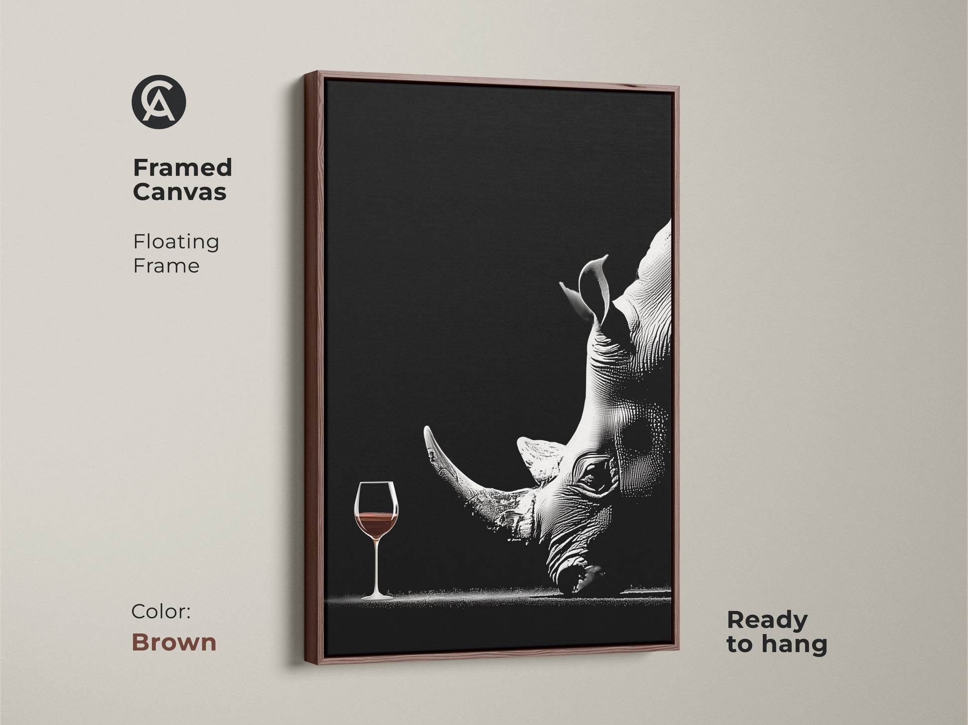 A framed canvas art print displays a surreal rhino with a wine glass. Encased in a brown frame this monochrome wildlife art will enhance your walls. Ready to hang this unique animal artwork is a great addition. This contemporary artwork makes an excellent office or study room gift.