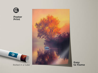 This is a poster print of a swan swimming in a misty lake. The fine art print is easy to frame. The rolled poster features warm sunset colors. This swan poster art is ideal for any space. Purchase art for your home today