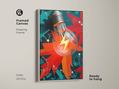 The framed canvas includes abstract light bulb artwork with a floating white frame. This print has a lightning bolt with red orange and teal colors. Ready to hang. This is a great canvas print for study.