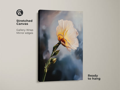 Stretched canvas art print of a cream and yellow flower. This botanical wall art is ready to hang adding an impressionistic touch to your bedroom. The gallery wrap with mirror edges enhances its contemporary style. It makes a fine art gift.