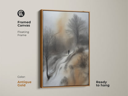 Framed canvas with antique gold floating frame. Features a sepia winter landscape. Solitary figure adds depth to this modern art print. Perfect unique housewarming present.