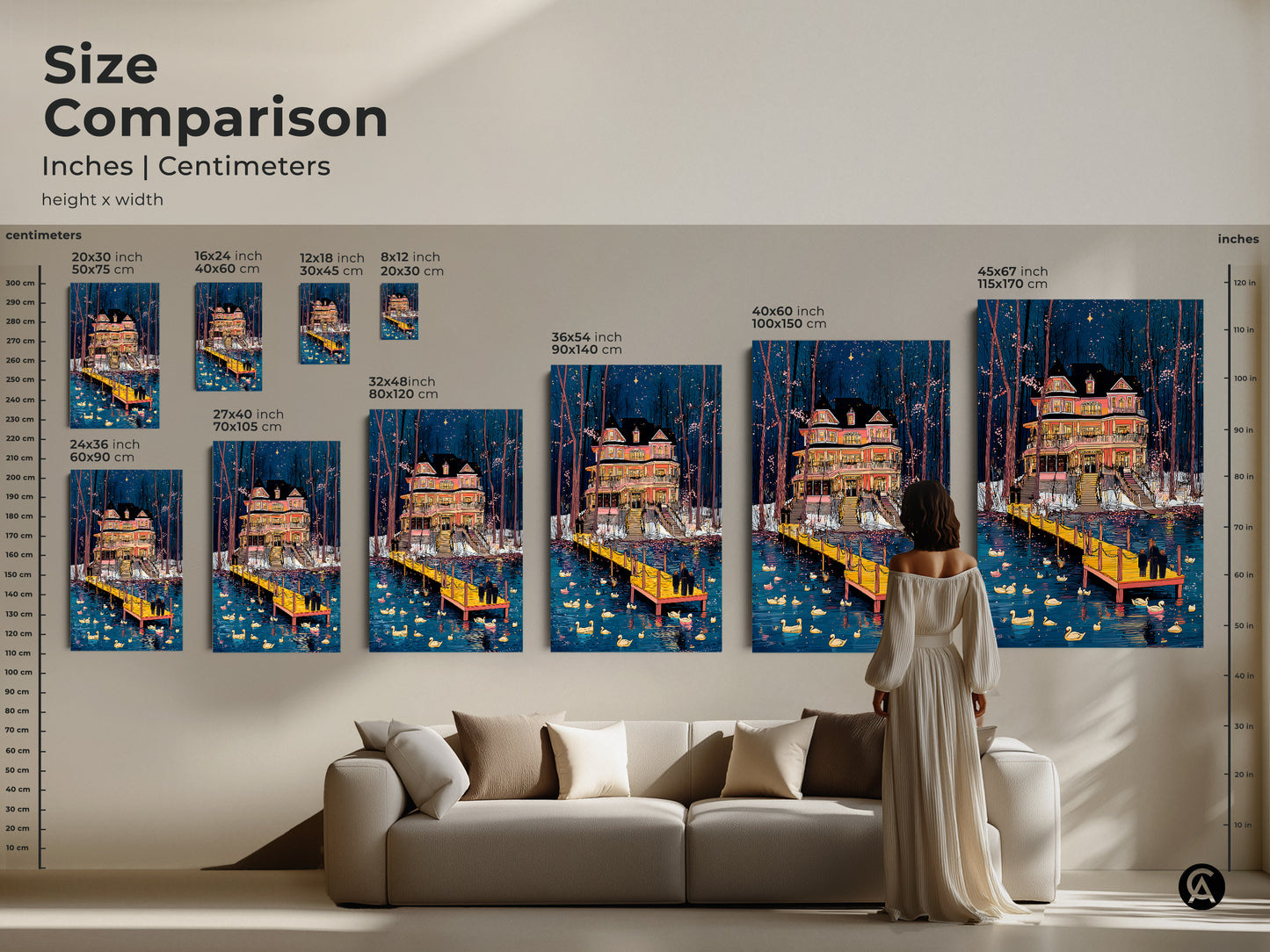 Size Comparison of Blue Pink Sunset Victorian Mansion Art Print. Inches and centimeters shown. See how the art fits above a sofa. Available in multiple sizes for eclectic wall art and housewarming gifts. Mansion by the Lake Art.