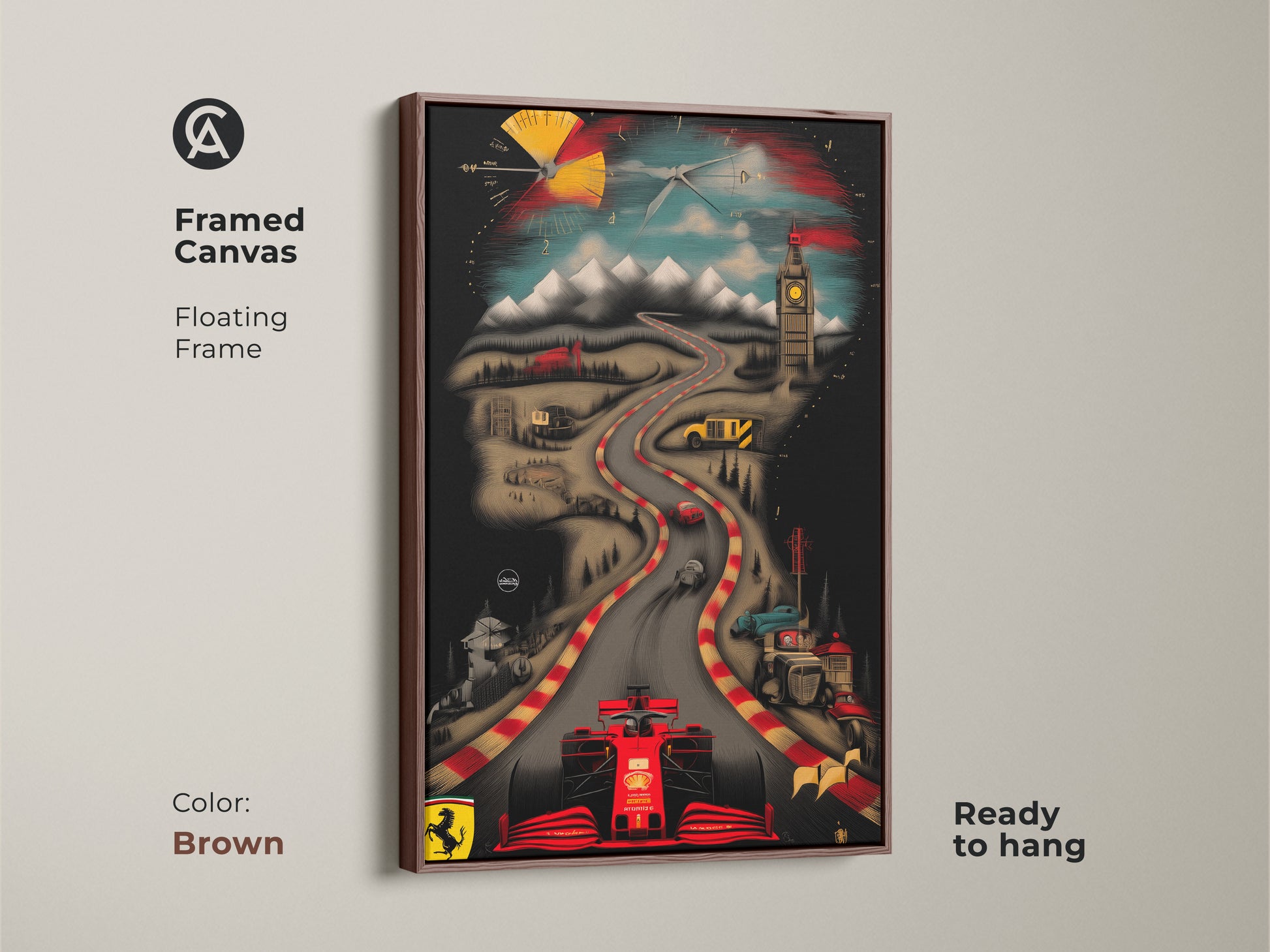 Ferrari race car canvas artwork in a brown floating frame. The artwork shows a red F1 car on a track with landmarks blended in the background. Perfect for motorsports fans. Order today