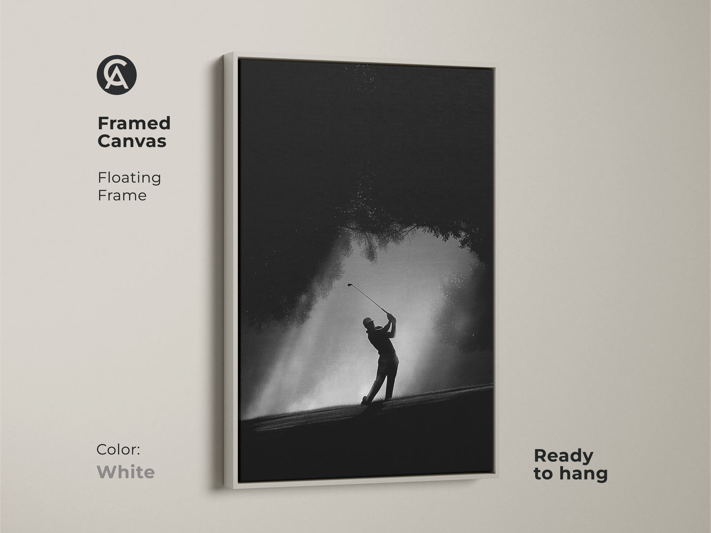 A modern framed canvas featuring a golfer. The white floating frame offers a clean minimalist look. The black and white tones make it versatile. Ready to hang and easy to integrate into any interior.