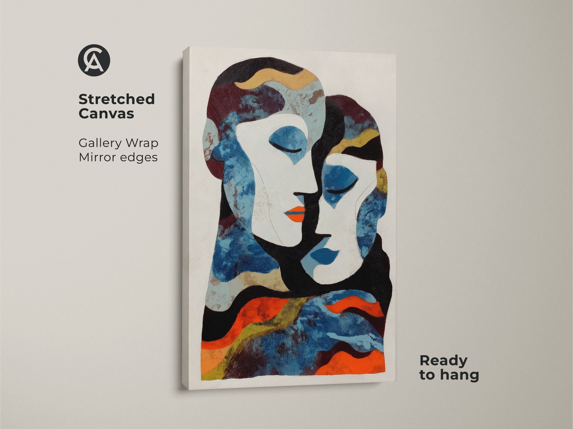 This abstract figurative wall decor features a captivating blue and orange palette. The modern art print will add an eclectic touch to your bedroom or living space. A thoughtful anniversary gift for couples who appreciate fine art.