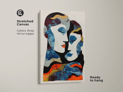 This abstract figurative wall decor features a captivating blue and orange palette. The modern art print will add an eclectic touch to your bedroom or living space. A thoughtful anniversary gift for couples who appreciate fine art.