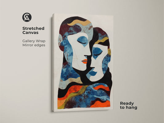 This abstract figurative wall decor features a captivating blue and orange palette. The modern art print will add an eclectic touch to your bedroom or living space. A thoughtful anniversary gift for couples who appreciate fine art.
