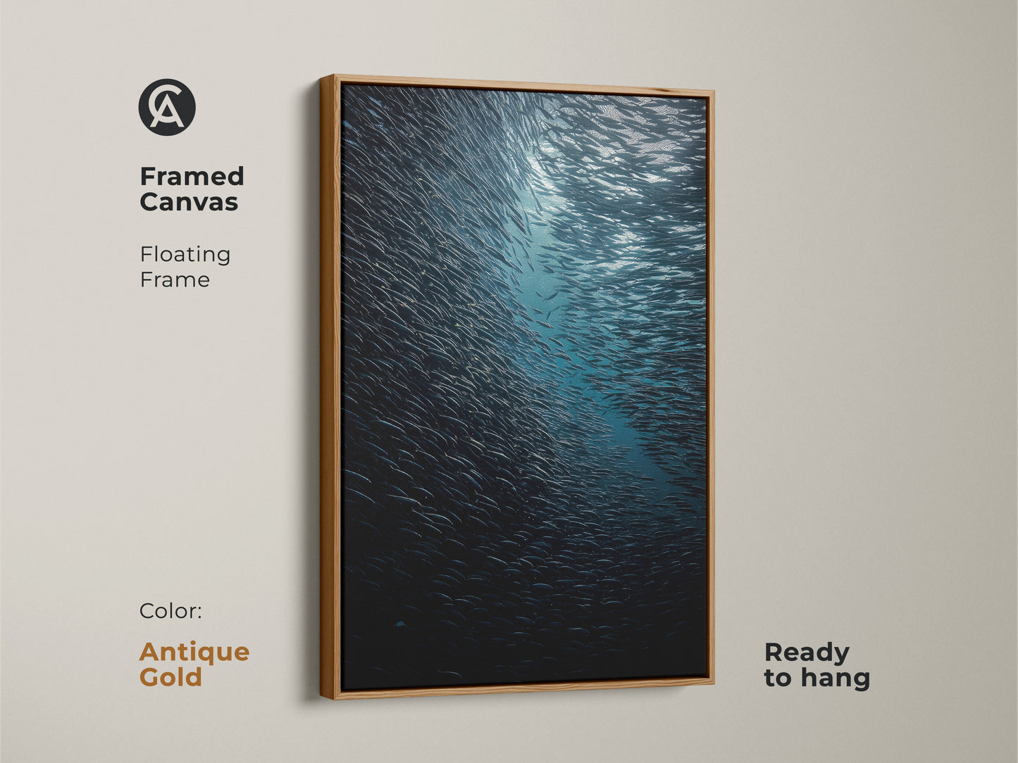 Framed canvas of underwater photography with an antique gold floating frame. The teal blue ocean art shows a captivating school of fish. This coastal wall art is a deep sea wildlife scene ready to hang. Perfect for ocean themed decor.