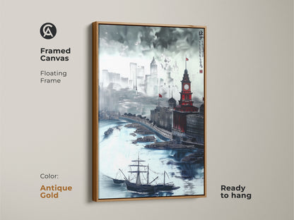 Framed canvas with floating frame. This antique gold framed art shows a Chinese ink wash cityscape. The artwork features maritime architecture with a clock tower and tall ships. Ready to hang this eclectic home decor is sophisticated.