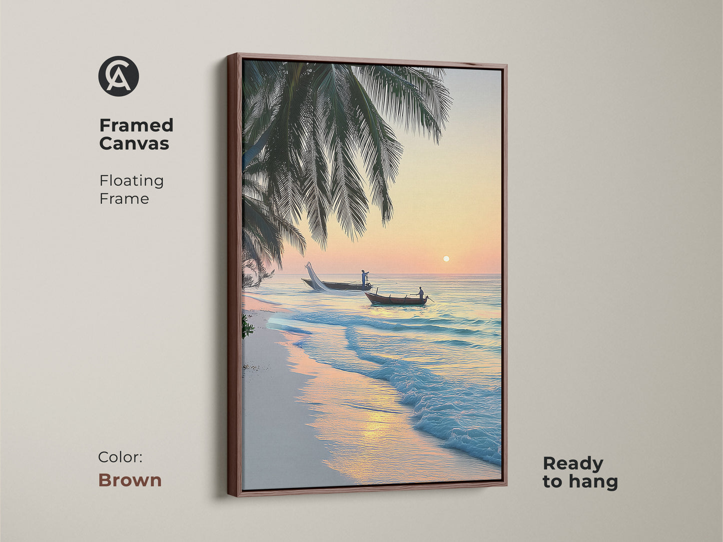Framed canvas with a brown floating frame displays a tropical beach sunrise. Palm trees and fishing boats accent the turquoise ocean. This piece is perfect for adding a coastal touch.