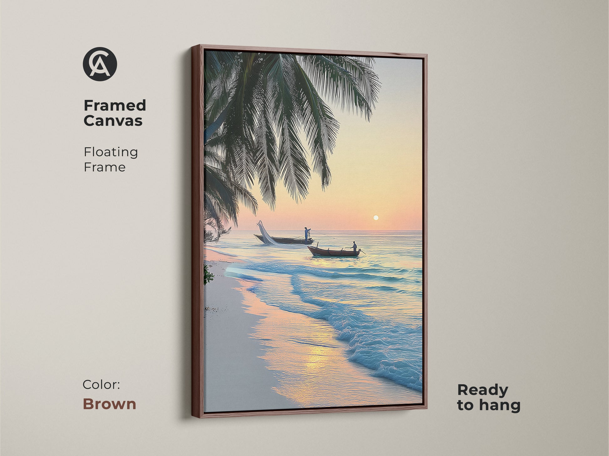 Framed canvas with a brown floating frame displays a tropical beach sunrise. Palm trees and fishing boats accent the turquoise ocean. This piece is perfect for adding a coastal touch.