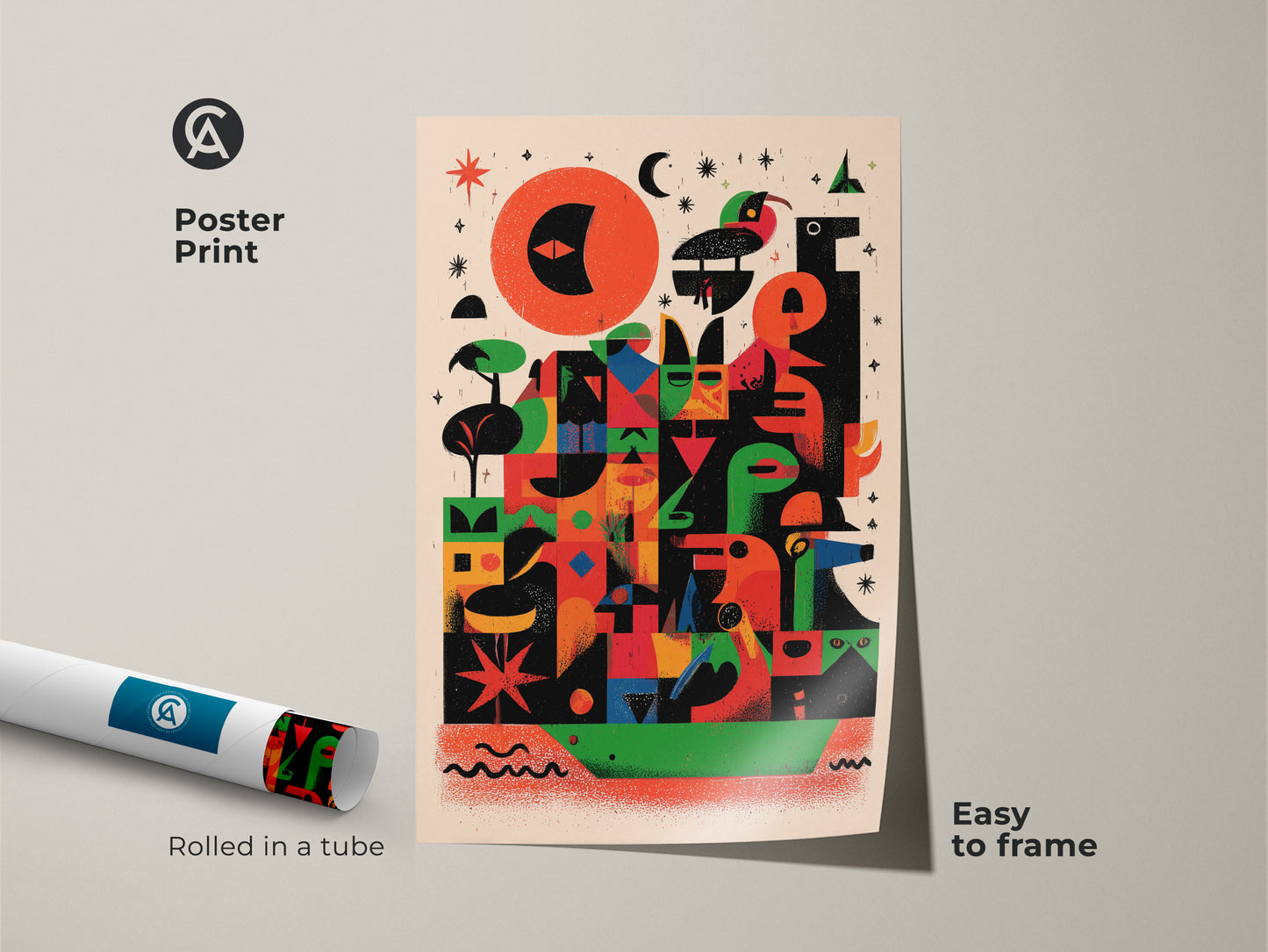 Poster print of colorful abstract geometric artwork rolled in a tube ready to frame. The mid-century modern folk art features birds sun and eclectic shapes in red orange and green. This figurative animal artwork is perfect as a housewarming gift for art lovers adding a unique touch to any room.