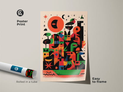 Poster print of colorful abstract geometric artwork rolled in a tube ready to frame. The mid-century modern folk art features birds sun and eclectic shapes in red orange and green. This figurative animal artwork is perfect as a housewarming gift for art lovers adding a unique touch to any room.