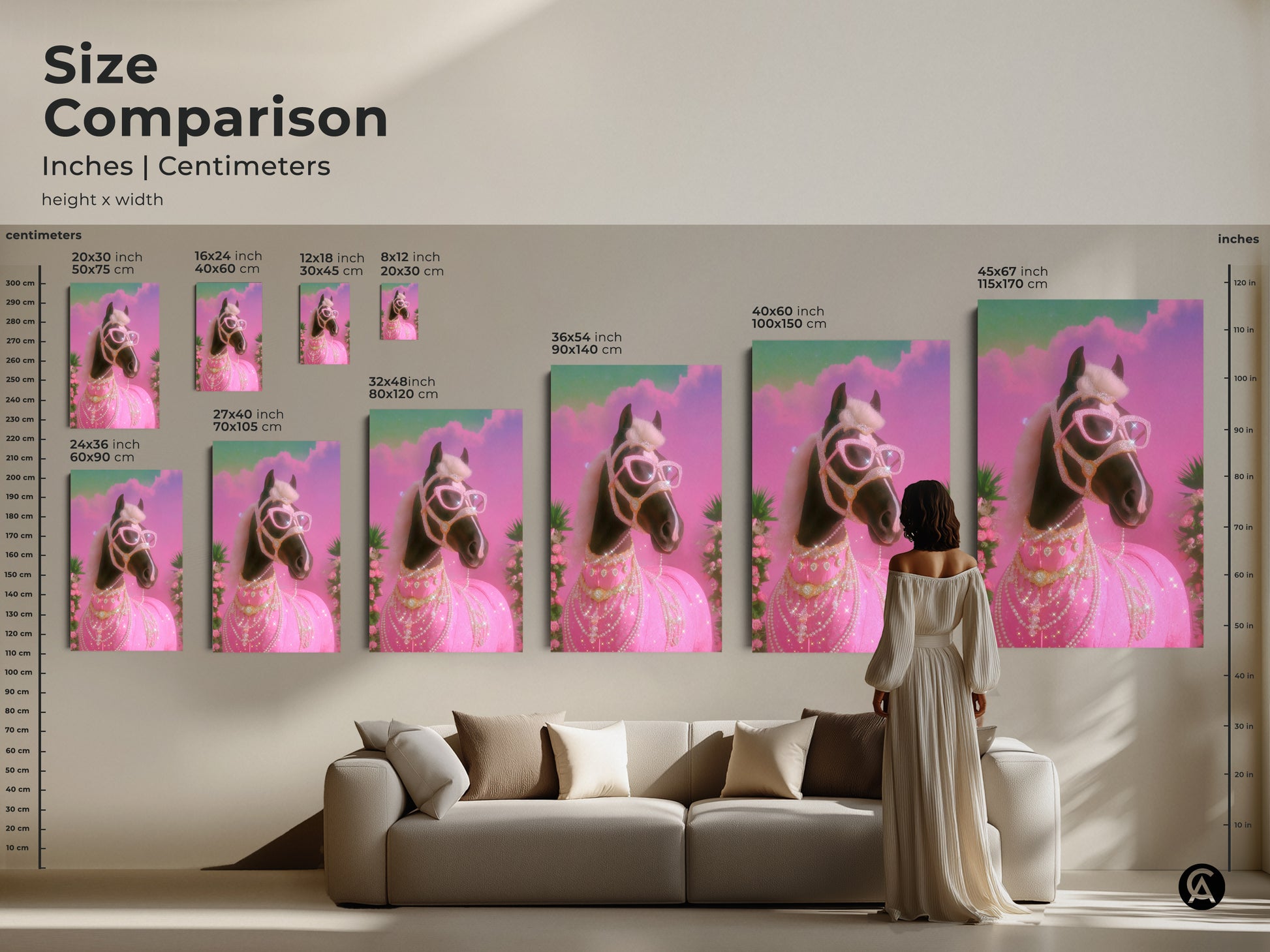 Size Comparison of Glam Horse Art in Inches and Centimeters. See how the pink teal horse print fits above a sofa. This Y2K horse canvas is a pop surrealism statement piece. It's perfect for eclectic decor and horse art enthusiasts. Visualize the ideal size for your space.