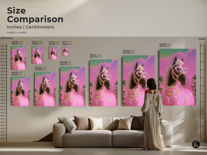 Size Comparison of Glam Horse Art in Inches and Centimeters. See how the pink teal horse print fits above a sofa. This Y2K horse canvas is a pop surrealism statement piece. It's perfect for eclectic decor and horse art enthusiasts. Visualize the ideal size for your space.