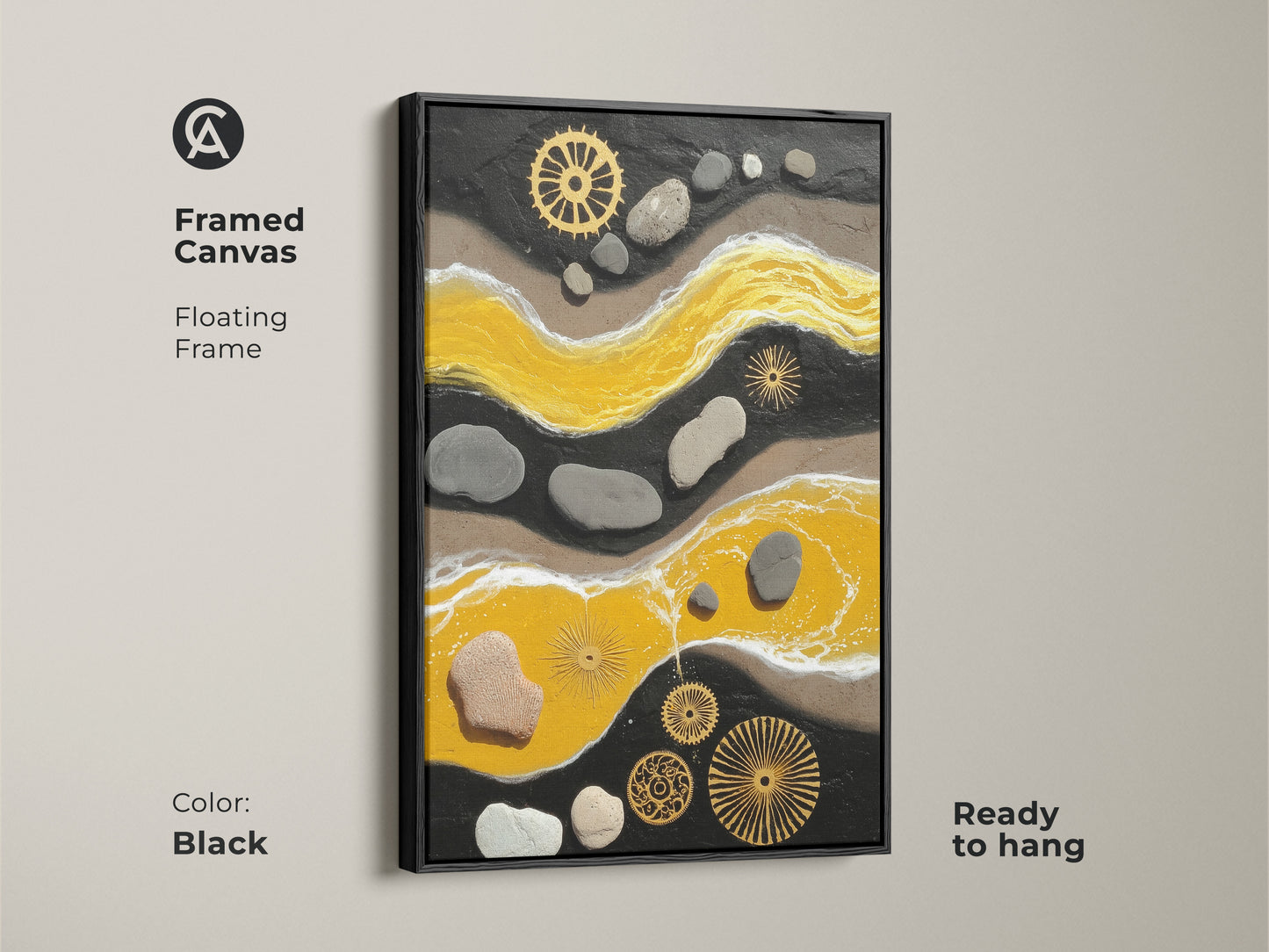 Black framed canvas featuring a yellow and black abstract. This textured artwork is ready to hang. It includes pebble and gear elements for an industrial style. Perfect as office wall decoration.