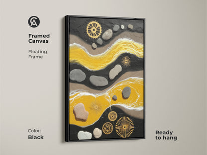 Black framed canvas featuring a yellow and black abstract. This textured artwork is ready to hang. It includes pebble and gear elements for an industrial style. Perfect as office wall decoration.